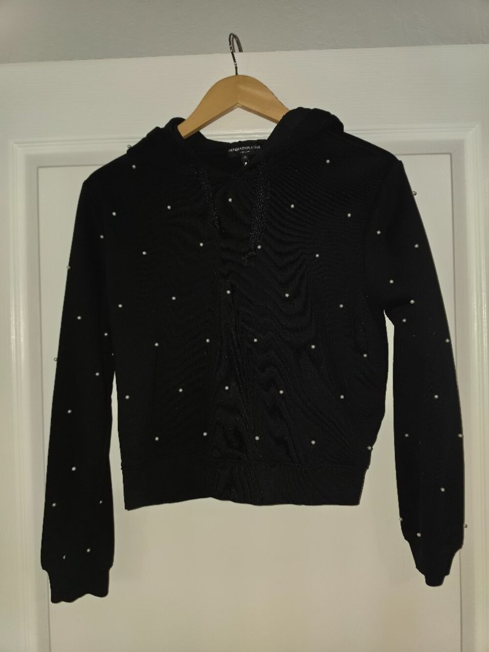 Generation Love Pearl Embellished Black Pullover Hoodie Women XS Designer